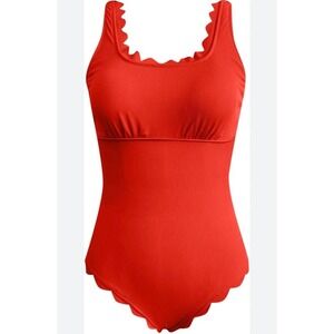 Charmo Ribbed Scalloped One Piece Swimsuit in Red Adjustable Straps‎ Size XL